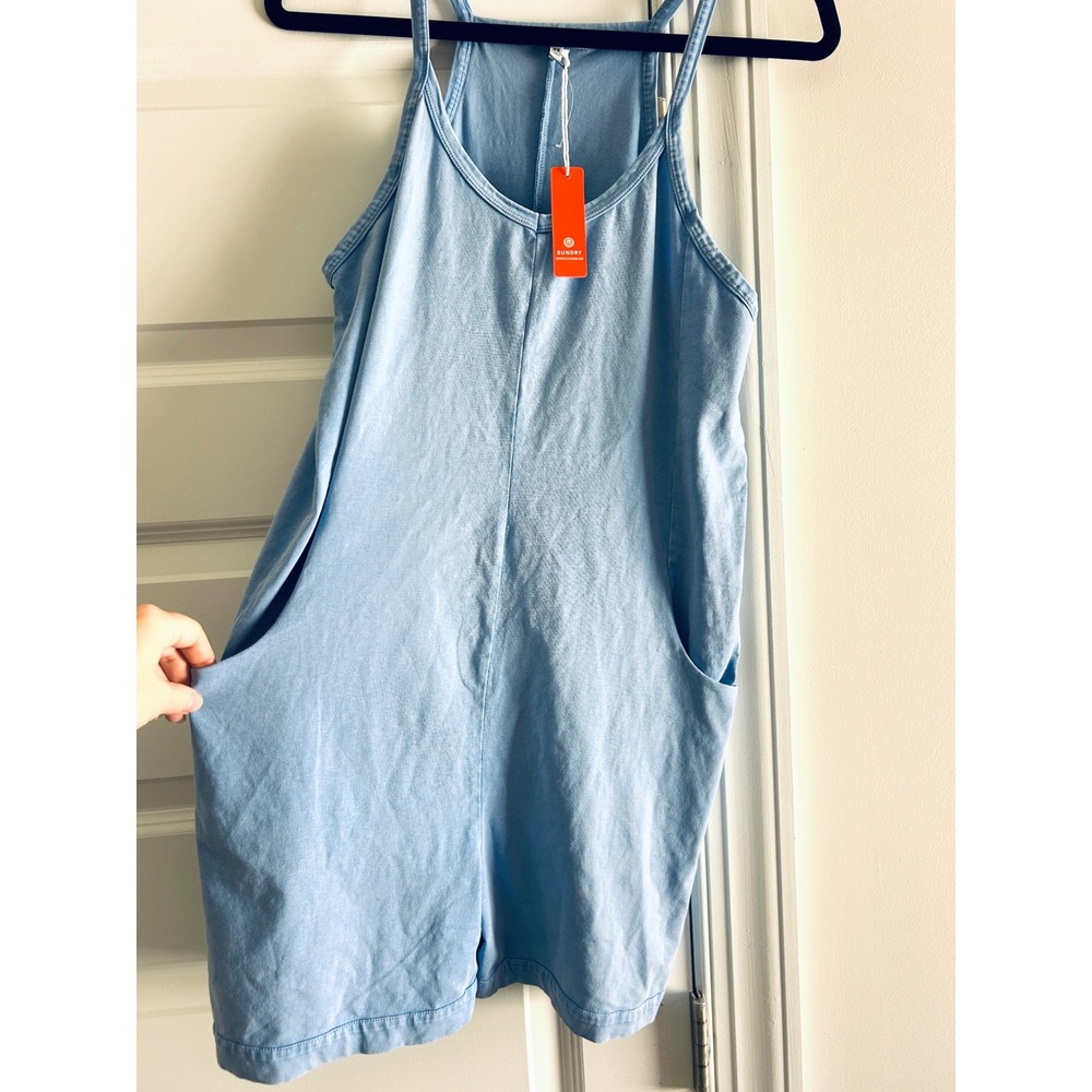 Anthropologie Sundry Womens Light Blue Cotton Blend Sleeveless Romper Pockets XS